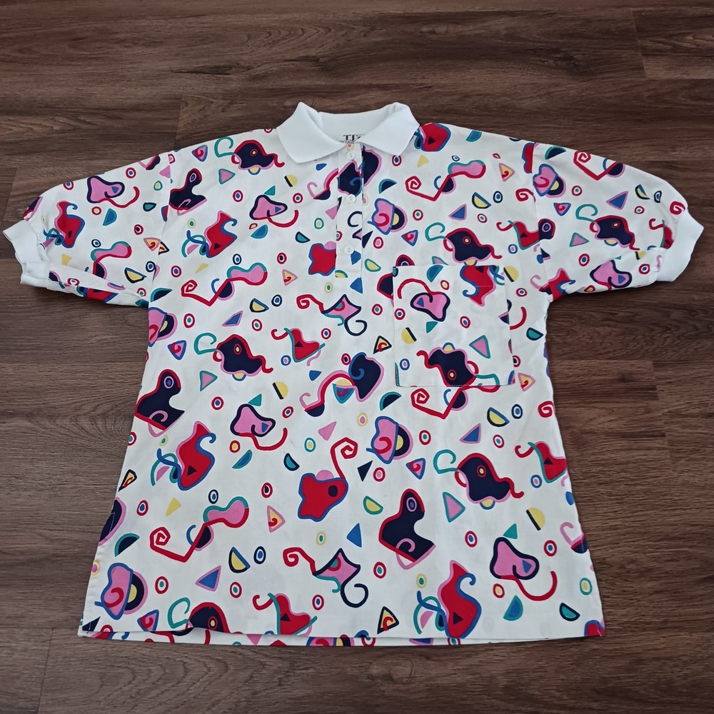 Vintage TJs of California Memphis Abstract Geometric Print Polo Shirt Medium